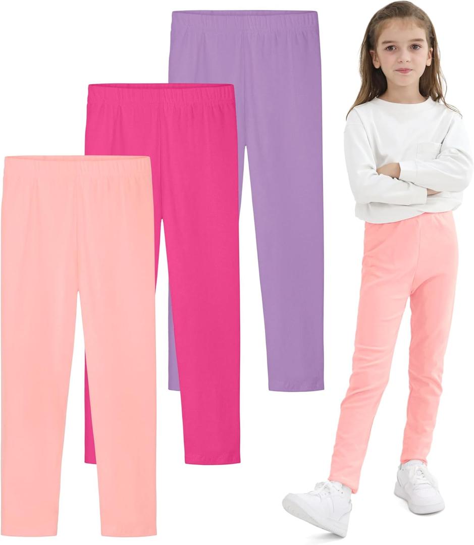 Resinta 3 Pack Girls Leggings Cotton Full Length Leggings Soft Comfortable Footless Stretchy Tights Pants for Kids (7-8 Years, Light Coral, Light Purple, Hot Pink)