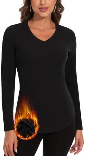 WOWENY Thermal Shirts for Women V Neck Fleece Lined Long Sleeve Base Layer Soft Warm Underwear Tops Cold Weather Size M Black