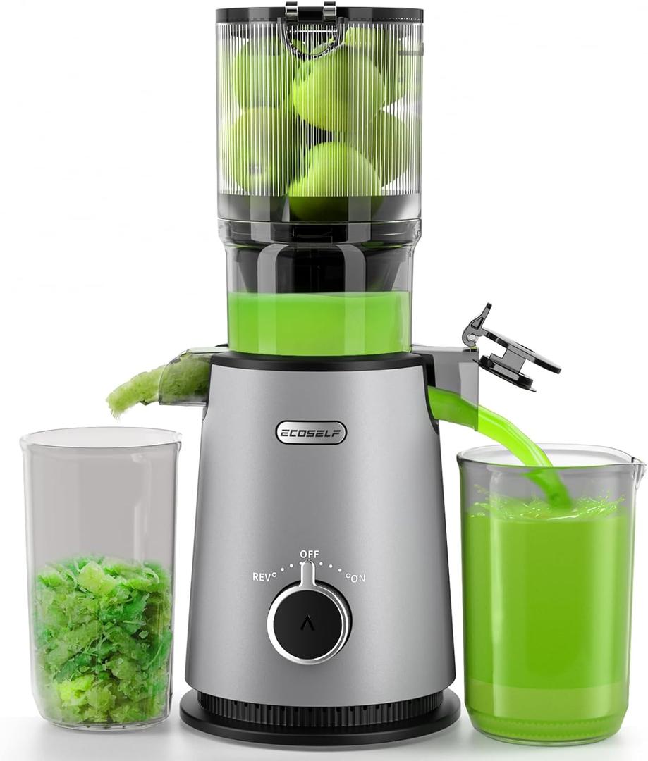 Cold Press Juicer, ECOSELF Slow Masticating Juicer with 4.35" Large Feed Chute Fit Whole Fruits & Vegetables, Self Feeding for Juice Extractor Machine, Easy to Clean and Assemble, High Juice Yield