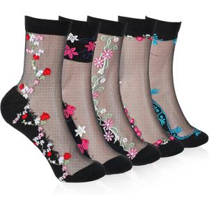 5 Pairs Womens Sheer Socks, Ultra Thin Mesh Socks with Flowers | Ankle Length Sock Candy, for Womens Summer (Black, No Size)