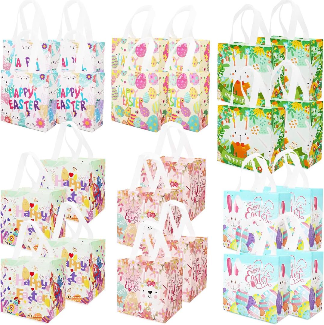 PARSUP 24PCS Happy Easter Egg Hunt Bags, Assorted Sizes, Easter Bunny Carrot Chick Egg Treat Bag with Handles, Non-Woven Gifts Wrapping, Egg Hunt, Spring Party Supplies
