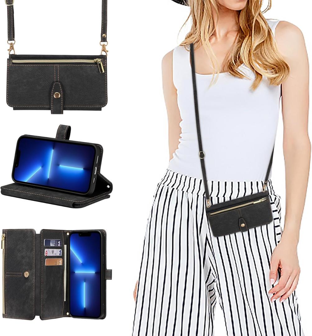 ZCDAYE Case for iPhone 13 Pro Max, iPhone 13 Pro Max (6.7 inches) Wallet Phone Case, Premium Zipper (with Long Lanyard) Flip Leather Phone Case for iPhone 13 Pro Max (6.7 inches) - Black