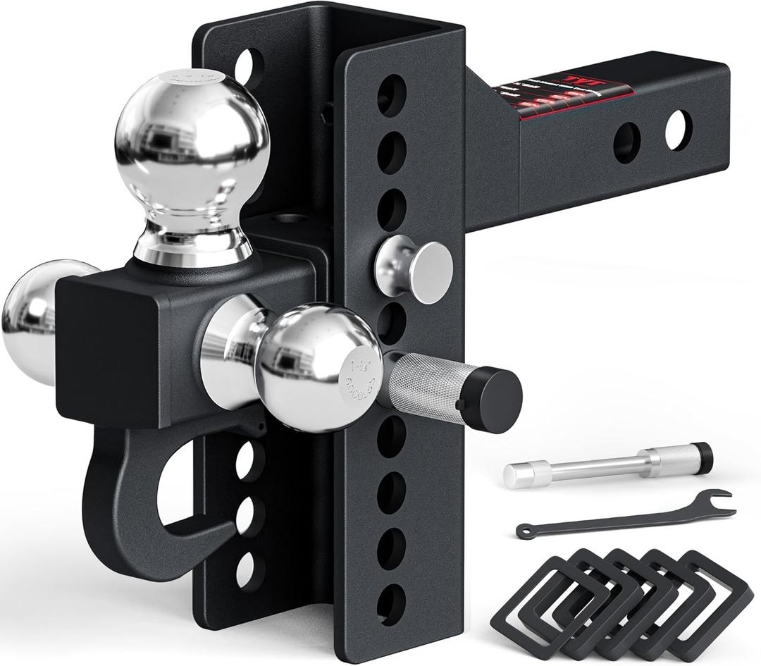 TYT Tri-Ball Mount Adjustable Trailer Hitch with Tow Hook, Fits 2-Inch Receiver, 4.5-Inch Rise/Drop, 1-7/8", 2", & 2-5/16" Balls, Heavy-Duty Towing Hitch with Locks and Pin