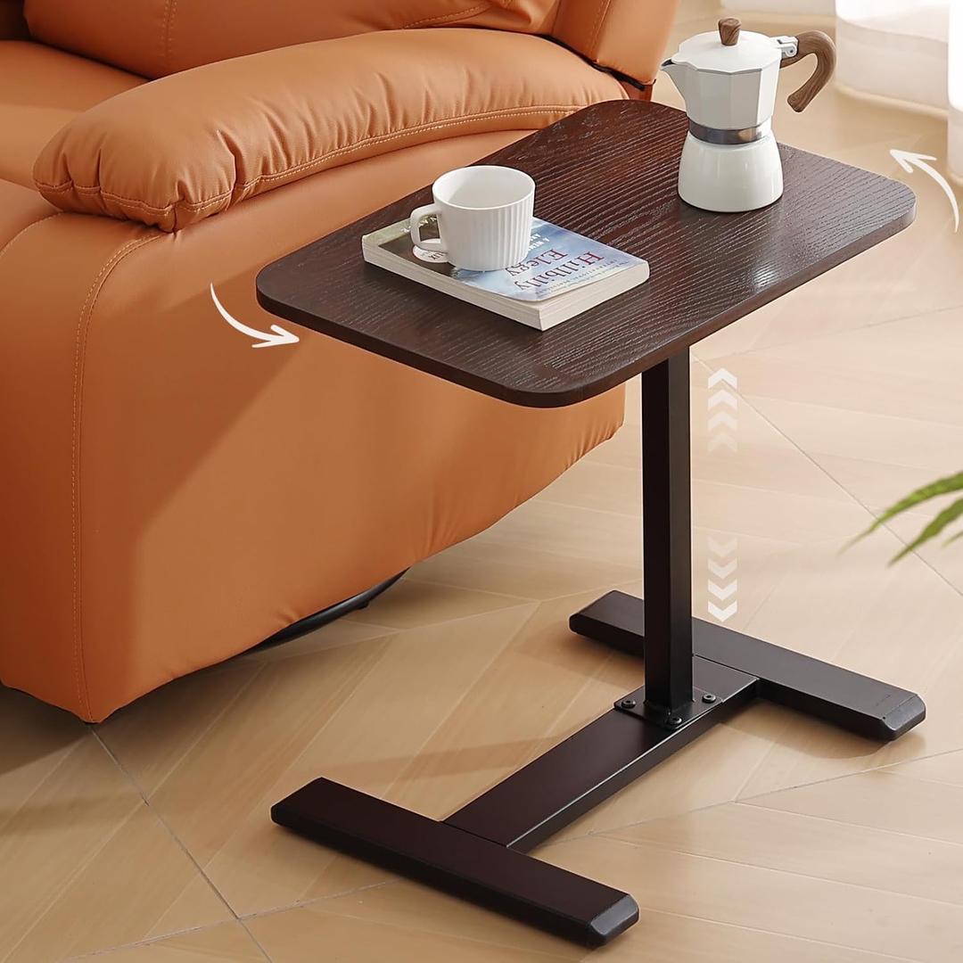 Solid Wood C-Shaped Side Table,360 Rotating TV Tray Table,Height-Adjustable,Sliding Sofa Table,Rolling Laptop Desk for Living Room and Bedroom Use with Sofa,Bed,Chair-Deep Walnut