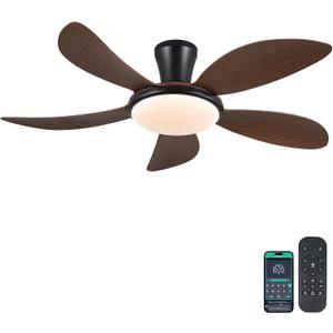 PHORUS Low Profile Ceiling Fans with Lights and Remote/APP,48 Inch Modern LED Ceiling Fans with Quiet Reversible DC Motor, Dimmable 3 Colors 6 Speeds, Brown