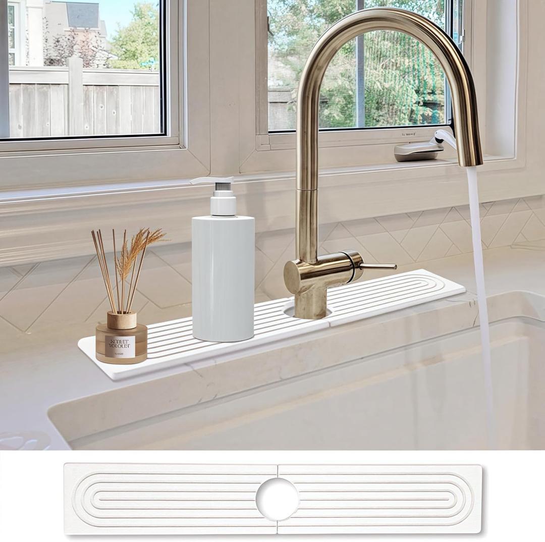 Stone Faucet Mat for Kitchen Sink- 15.6''x 3.9''Diatomite Fast-Drying Faucet Mat, Super Water Absorbing Stone Tray for Sink,Faucet Splash Guard for Bathroom Counter (White)