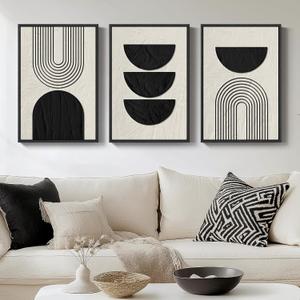 Framed Boho Black and White Abstract Wall Art, 3 Piece Modern Beige Canvas Prints Paintings Artwork for Walls, Black Geometric Pictures for Living Room Bedroom Hallway Office Wall Decor 16x24 In, 16" W x 24" H x 3Pcs