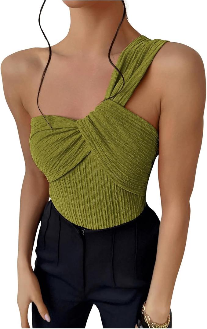OYOANGLE Women's Textured One Shoulder Going Out Bodysuit Tops Twist Front Ruched Sleeveless Tank Top Body Suits, Medium