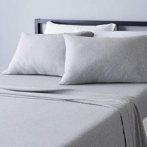 4 Piece Breathable 100% Cotton Jersey Knit Bed Sheet Set, Includes Flat and Fitted Sheets, Pillowcase, Stretchy, Full, Light Gray, Solid