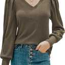 HOTOUCH Women's Knit Shirt Soft Puff Long Sleeve Blouse Tops Lightweight V Neck Tunic XS-XXL (L)