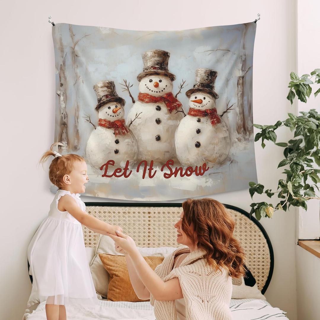 WAITPI Vintage Let It Snow Snowman Winter Christmas Hanging Wall Tapestry for Bedroom, Rustic Farmhouse Snow Festive Wall Tapestries Hanging for Holiday living Room Dorm Home Decor 50x60 inches