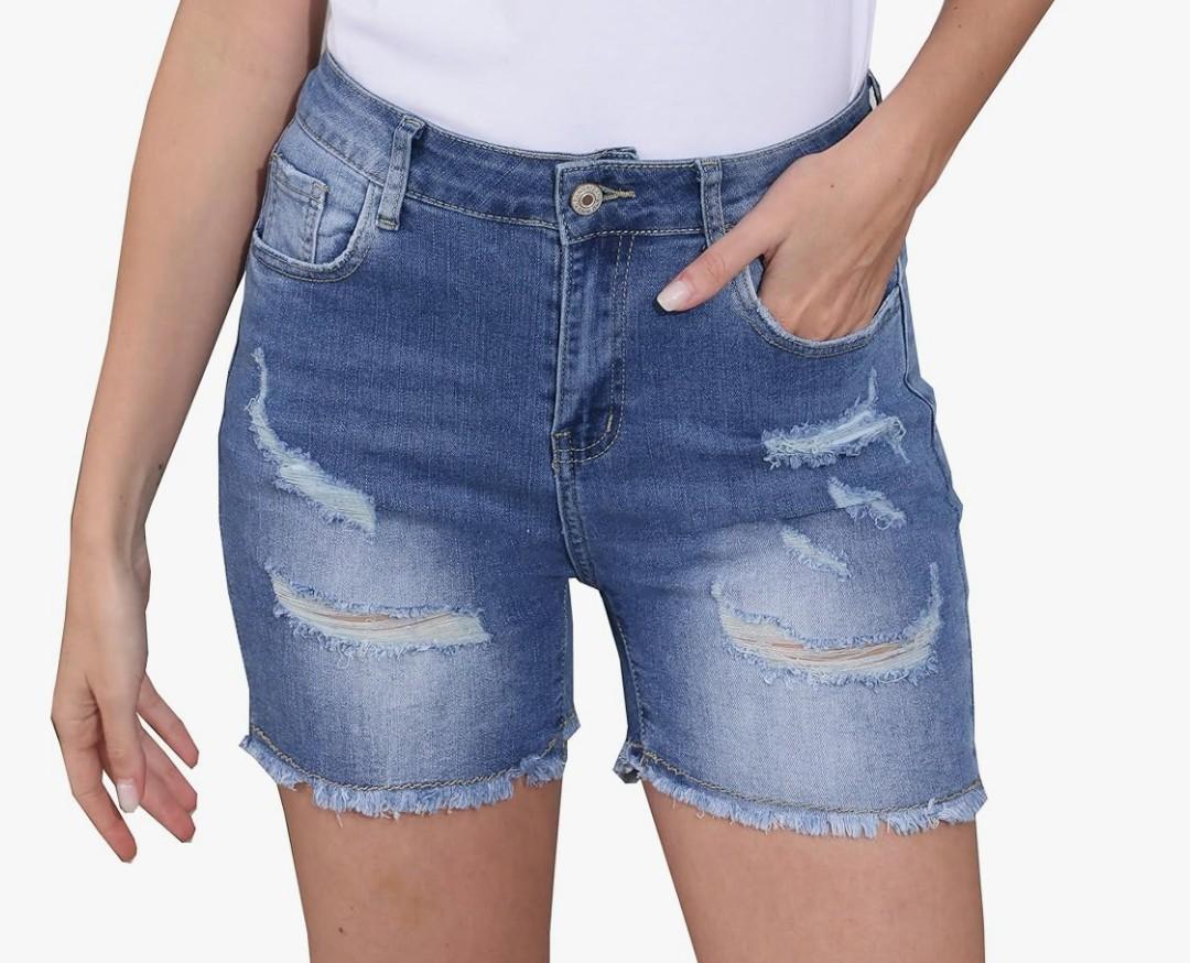 Women's Casual Summer Denim Shorts Stretch Ripped Raw Hem Jean Shorts, Large 
