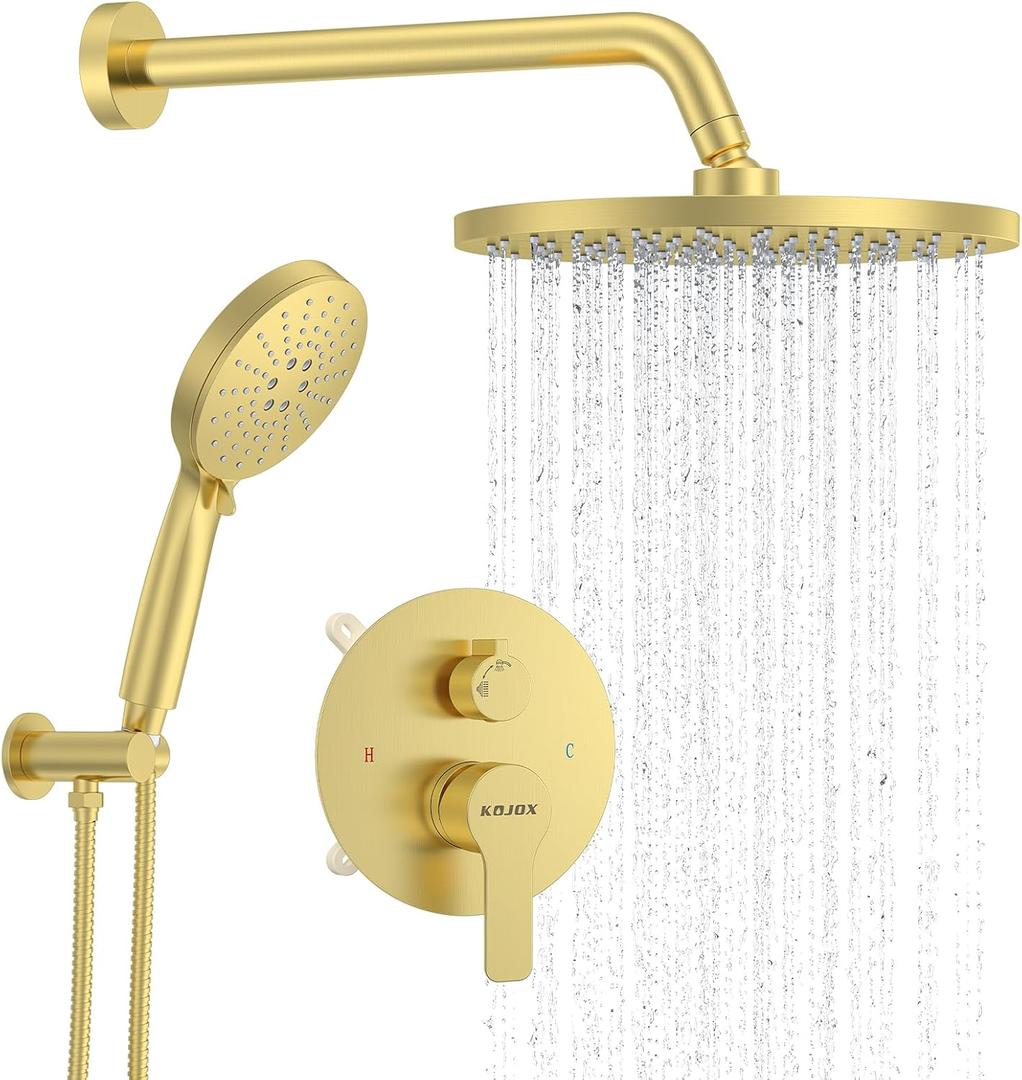Shower Set - Brushed Gold Finish, Powerful High Pressure Showerhead System with 3 Adjustable Settings and Handheld Capability, Valve Included