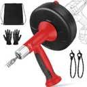 XJX Drain Auger, Plumbing Snake with Drill Adapter, 25FT Flexible Steel Drain Clog Remover, Manual or Powered for Kitchen, Bathroom & Shower Sink, with Gloves and Storage Bag Red