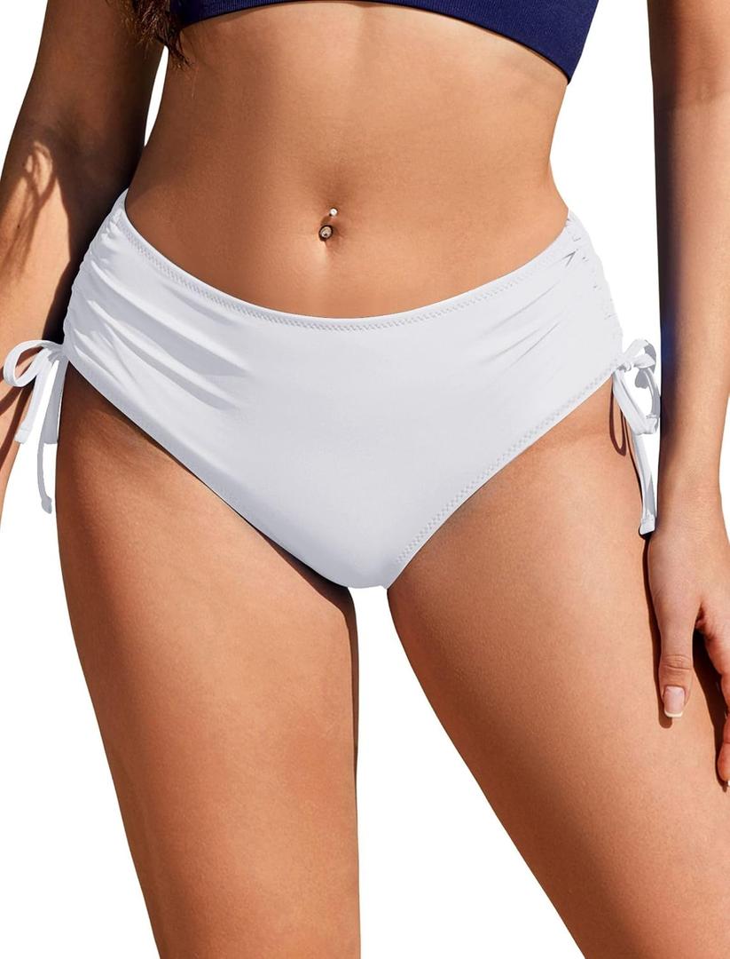 Ekouaer Bikini Bottoms for Women Mid Waist Swim Bottom Full Coverage Swim Bathing Suit Bottom Adjustable Side Tie Swim Shorts (White, S)