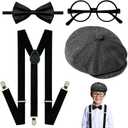 4Pcs Kids Boys Suspenders Bowtie Set with Black Glasses Newsboy Cap for Boy Girl Wedding 100 Days of School Costume
