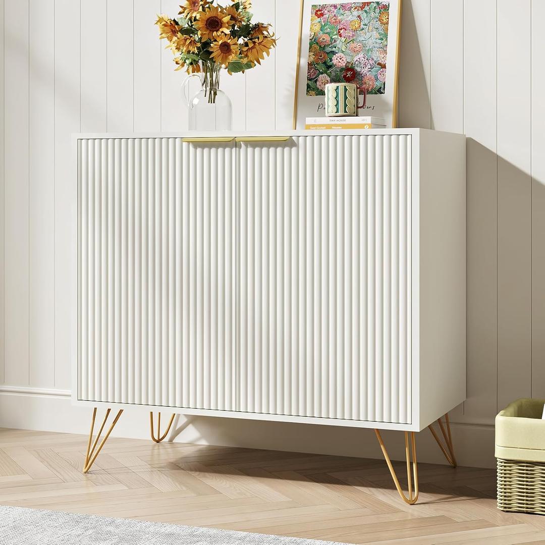 Storage Cabinet with 2 Doors, White Fluted Sideboard Buffet Cabinet with Metal Legs and Adjustable Shelf, Accent Cabinet for Kitchen, Entryway, Living Room, Office, White