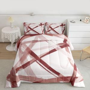 jejeloiu Abstract Comforter Set King Size Red Geometric Bedding Set for Kids Boys Girls Modern Stripe Duvet Quilt Red and White Bedroom Decor Microfiber 3 Pcs with 2 Pillow Cases