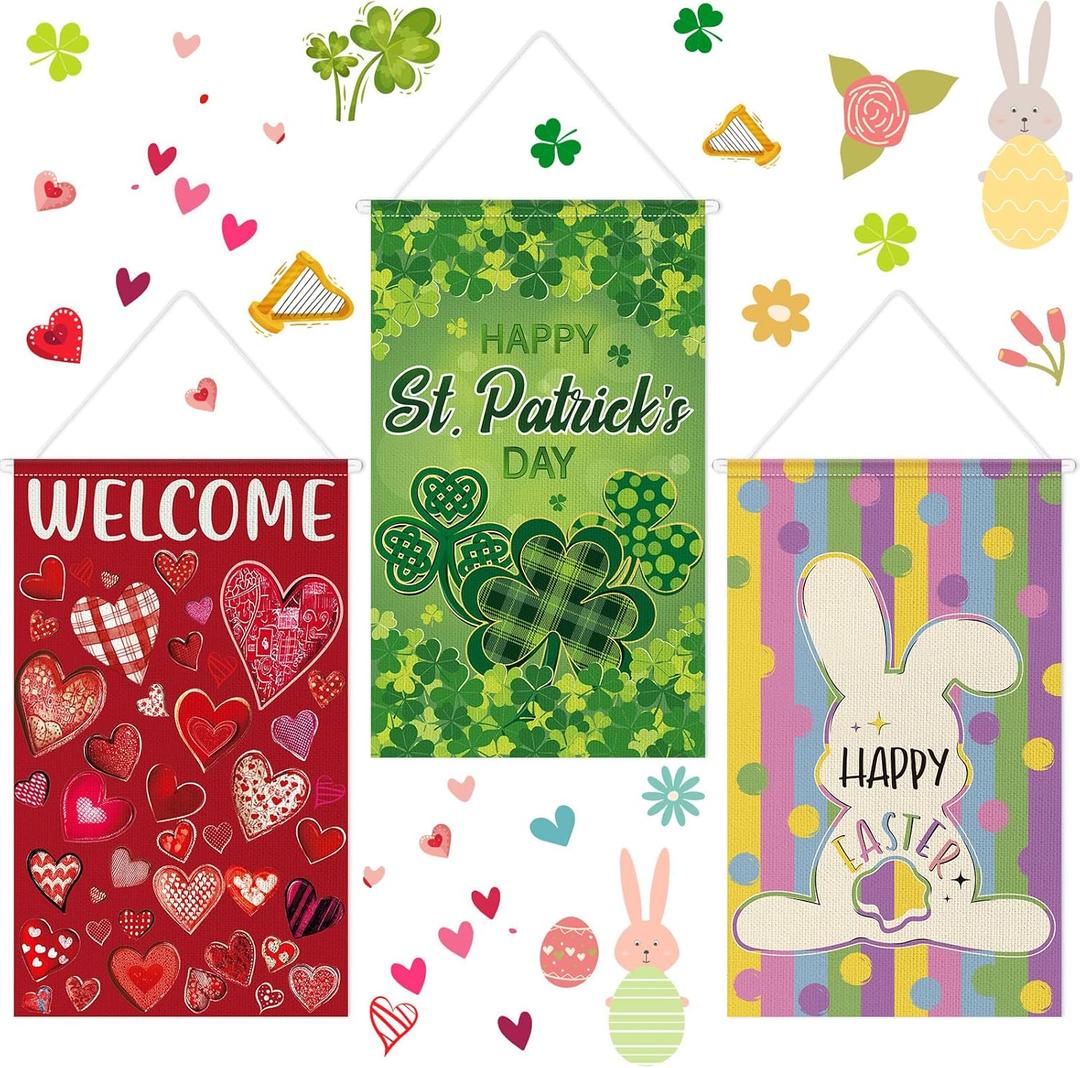 Tegeme 3 Pcs Happy St Patricks Door Decorations Easter Door Banner Hanger Sign Easter Hanging Flag Ornaments for Holiday Party Indoor Outdoor Decor 11.8 x 19.7 Inch