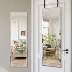 Frameless Door Mirror Full Length, 50 x 16 Inch Frameless Beveled Full Body Wall Mirror with 2 Hooks, Over the Door Hanging Mirror for Bedroom, Living Room, Cloakroom
