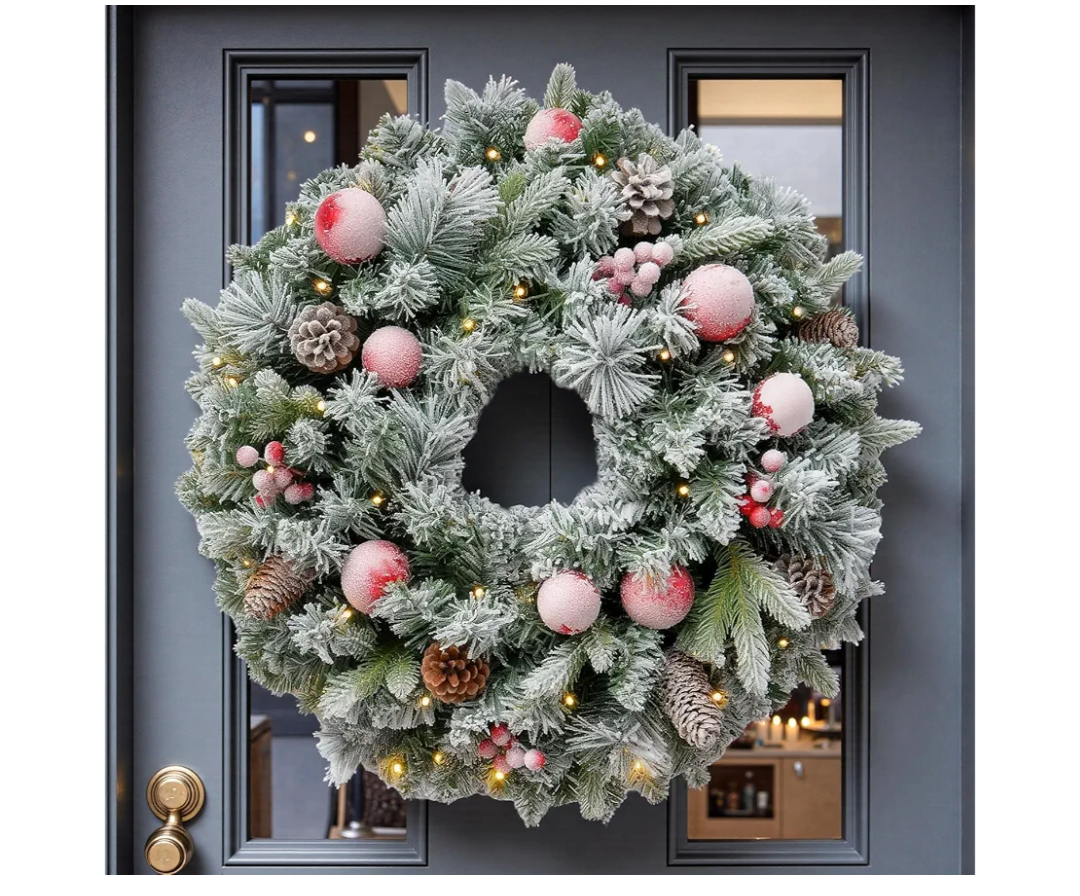 24 Inch Snow Flocked Pre-Lit Christmas Wreath Spruce, 50 LED Warm White & Multi-Color Lights with Timer, Battery Operated, Holiday Decoration for Front Door, Outdoor
