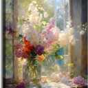 Colorful Flower Framed Canvas Wall Art, Watercolor Floral Bathroom Wall Decor, Spring Nature Wall Painting, Multicolor Botanical Art Print for Living Room, Bedroom, Office - 12X15