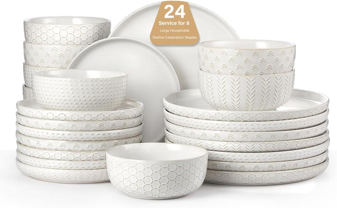 24 Piece Dinnerware Sets for 8 - Farmhouse Style Stoneware Plates and Bowls Sets - Scratch Resistant & Dishwasher Safe, Embossed Boho Ceramic Dish Set, Stack Compactly Dishware - Ivory White