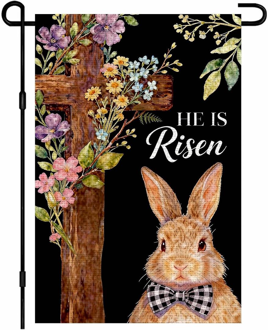 IVN Happy Easter Garden Flag 12x18 Inch Double Sided Burlap Cross with Bunny and Floral Accents on Black Background Design Small Outdoor Yard Flag Holiday for Porch Lawn Patio Easter Welcome Decor