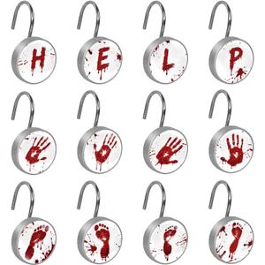 Halloween Help Me Scary Bloody Handprints Footprints Shower Curtain Hooks Set of 12 Rustproof Metal Shower Hooks for Curtains Rods Shower Curtain Rings for Bathroom Living Room Bedroom Decor (1.45x1.45x1.1 Inches)