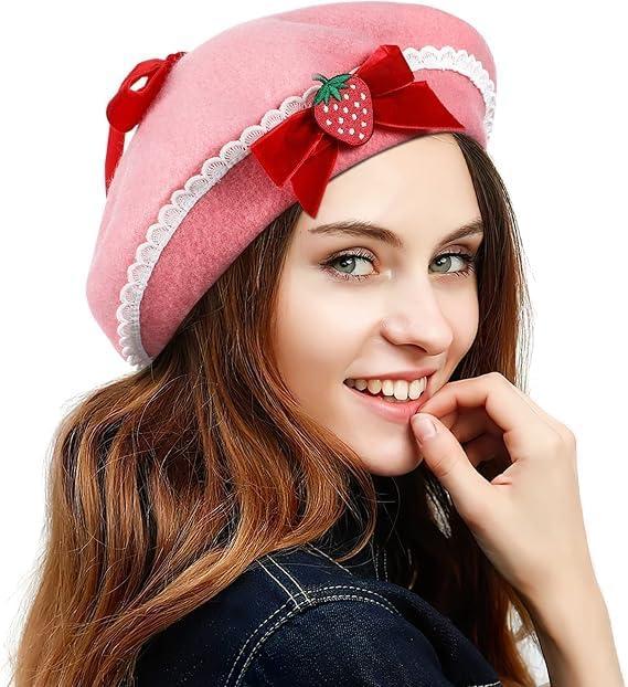 VALICLUD Women Bow Beret Wool Hat Warm Breathable Fashionable Decorative Sweet Bowknot Berets for Outdoor Parties and Casual Wear (Pink)