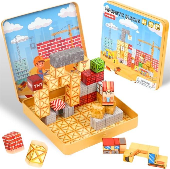 Maginoo 49PCS Mini Magnetic Blocks Construction Set – STEM Building Toys for Toddlers, Travel Magnet Cubes with Portable Iron Box, Creative 3D Construction Play for Kids Ages 3–8, Boys & Girls