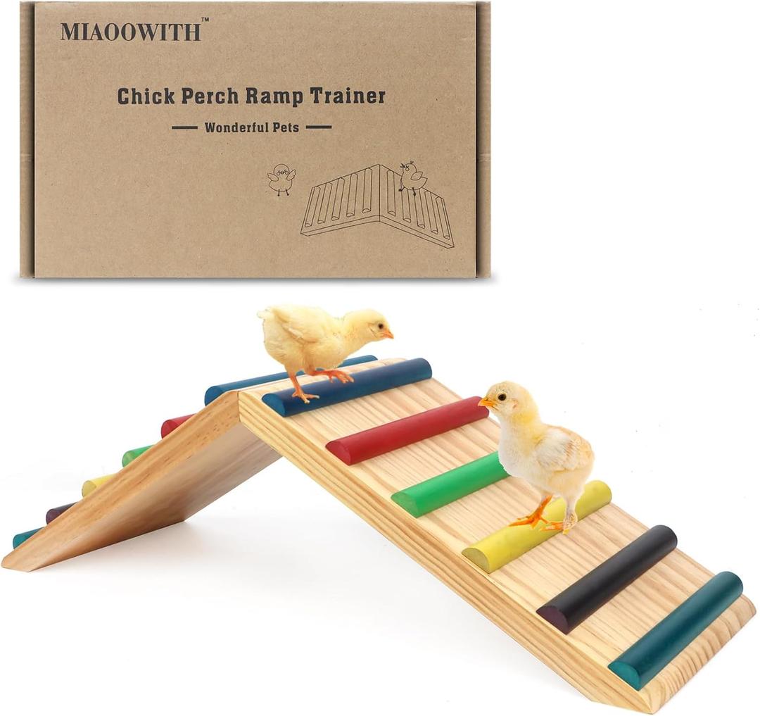 Rainbow Chicken Perch and Ramp Trainer, 2 in 1 Sturdy Wooden Chicken Roosting Bar, Baby Chick Toys for Brooder, Chicken Coop Accessories, for Small Animal, No Assemble