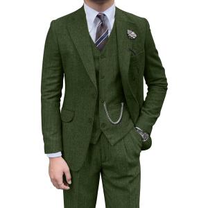 Retro Mens 3 Piece Suit Tweed Herringbone Slim Fit Suits Groomsmen Brown Tuxedos Set Prom Jacket Blazer Vest Pants for Men (Large, Green)