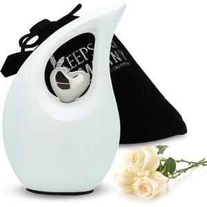 White Matte Tear Drop Mini Urn for Human Ashes with Silver Heart (3 Inch Height) - Unique Medium Keepsake Urn