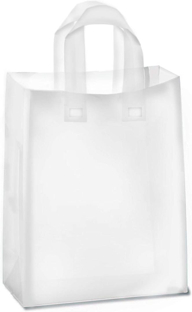 Purple Q Crafts Frosted Plastic Gift Bags 100 Pack 8" x 10" x 4" Clear Frosted Bags with Soft Loop Handles and Cardboard Insert, for Gifts Retail and More, 1 count
