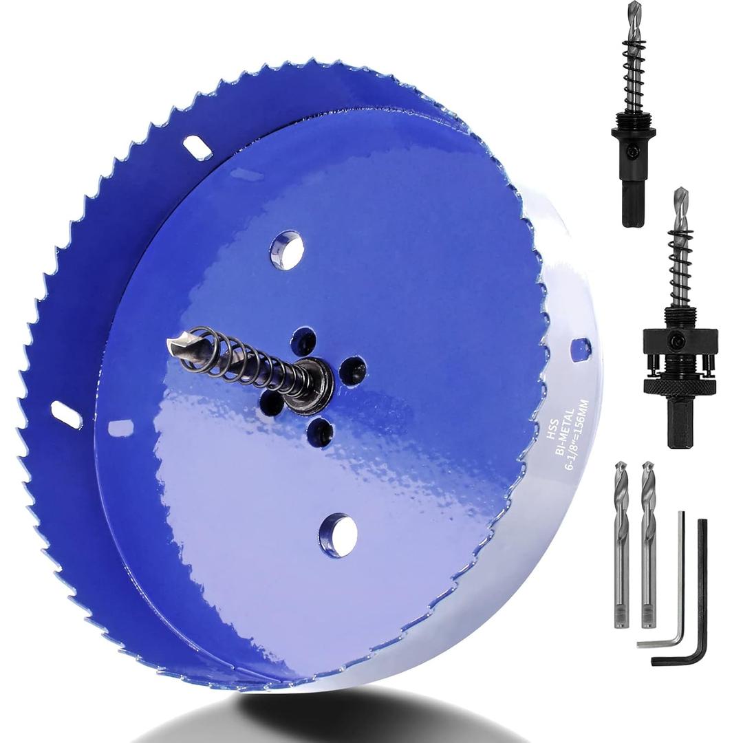 Luomorgo 156mm/6-1/8 inch Hole Saw with Arbor, 1 1/4 inch Cutting Depth HSS Bi-Metal Hole Cutter for Wood Cornhole Boards Plastic Drywall & Metal Sheet (6-1/8" / 156mm with arbor, Blue)
