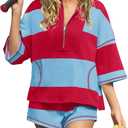 Panadila Women Striped Workout Set Two Piece Outfit Tracksuit Oversized Lounge Set Top and Shorts Sets with Pockets, Small 