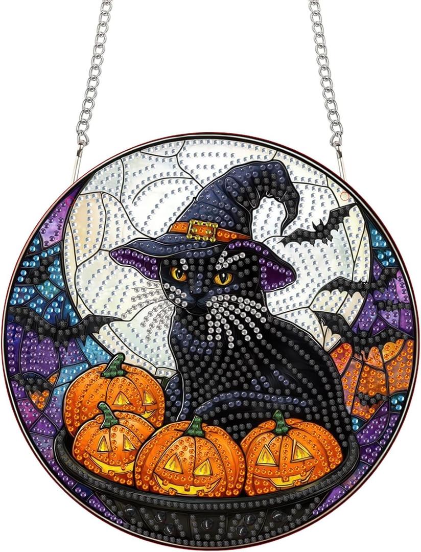 Bimkole Cats Diamond Art Hanging Kit for Adult, DIY 5D Diamond Art Halloween Window Pendant, Acrylic Crystal Art Hanging Ornament Home Wall Garden Front Door Sign Outdoor Decor 7.8x7.8 Inch