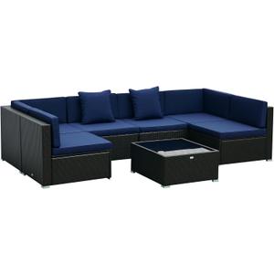 Outsunny 7-Piece Patio Furniture Sets Outdoor Wicker Conversation Sets All Weather PE Rattan Sectional Sofa Set with Cushions & Tempered Glass Desktop, Dark Blue (Dark Brown and Light Blue)