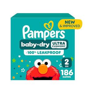 Pampers Baby Dry Diapers, Size 2 (10-22 lbs), 186 Count, Up to 100% Leakproof Disposable Diaper