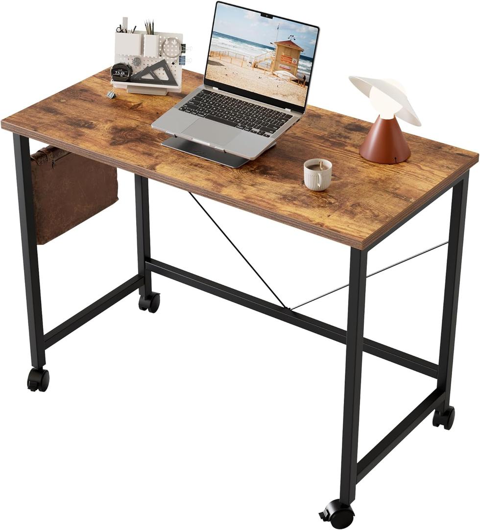 Mericonia Rolling Computer Desk with Wheels, Gaming Desk for Small Spaces, Modern Simple Style Table for Home Office, Study Writing Table (Caster, Rustic Brown, 32 inch)