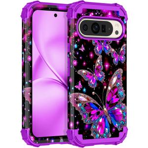 LONTECT for Google Pixel 9/9 Pro Case, Floral Shockproof Rugged Heavy Duty 3 in 1 Hybrid Sturdy High Impact Protective Cover,Glow in The Dark Amaranth