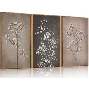 FWIEXA 3 Piece Neutral Canvas Wall Art for Bedroom Living Room, Framed 16x24 Inches Botanical Prints Set, Minimalist Wildflower Wall Decor, Large Modern Plant Painting