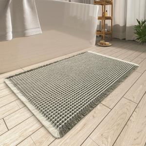 AMOAMI Upgraded Waffle Bath Mat, Super Absorbent Non Slip Bath Mats for Bathroom Floor, Machine Washable Bathroom Rugs with Tassels, Rubber Backed Bathroom Mats, Ultra Soft, 18" x 30", Green & Cream (1'6" x 2'6" (Rectangular))