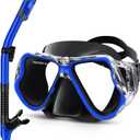 Greatever Dry Snorkel Set, Panoramic Wide View Anti-Fog Scuba Diving Mask, Professional Snorkeling Gear for Adults Kids (Large, Black Blue)