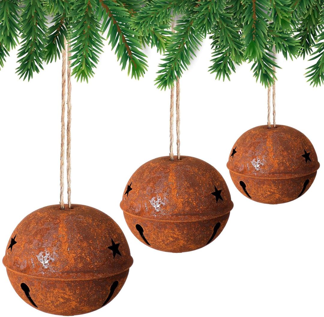 Tandefio 3 Pcs Giant Vintage Christmas Bells Christmas Tree Ornaments Set of 5.5" 4.7" 4" Large Rusty Metal Jingle Decorative Bells with Jute Hanging Rope for Door Knob Home Garden Decor DIY Craft
