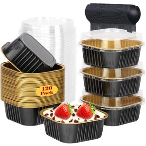 120pack 5oz Mini Cake Pans with Lids,LNYZQUS Disposable Ramekins Muffin Tins Cupcake Baking Cups,Small Aluminum Foil Brownie Baking Pan Containers Mini Cheesecake Holders-Black