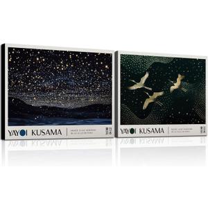 Framed Starry Sky Flying Cranes Japanese Bird Rustic Nature Animal Wall Art Decor Canvas Print Picture Yayoi Kusama Style Modern Poster Gallery Bedroom Living Room Studio 12x16 Inch Ready to Hang