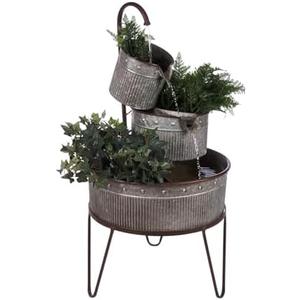 Alpine Corporation YHL684 33" Outdoor Floor 3-Tier Vintage Tubs and Planters Fountain, Rustic Metal Cascading Waterfall Feature for Gardens, Patios, and Yards, Silver