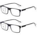 Missfive 2-Pack Light Multifocus Progressive Reading Glasses Men, Blue Light Blocking Multifocal Spring Hinge Trifocal Readers No-Line Stylish Black Eyeglasses for Near Range 2.0x